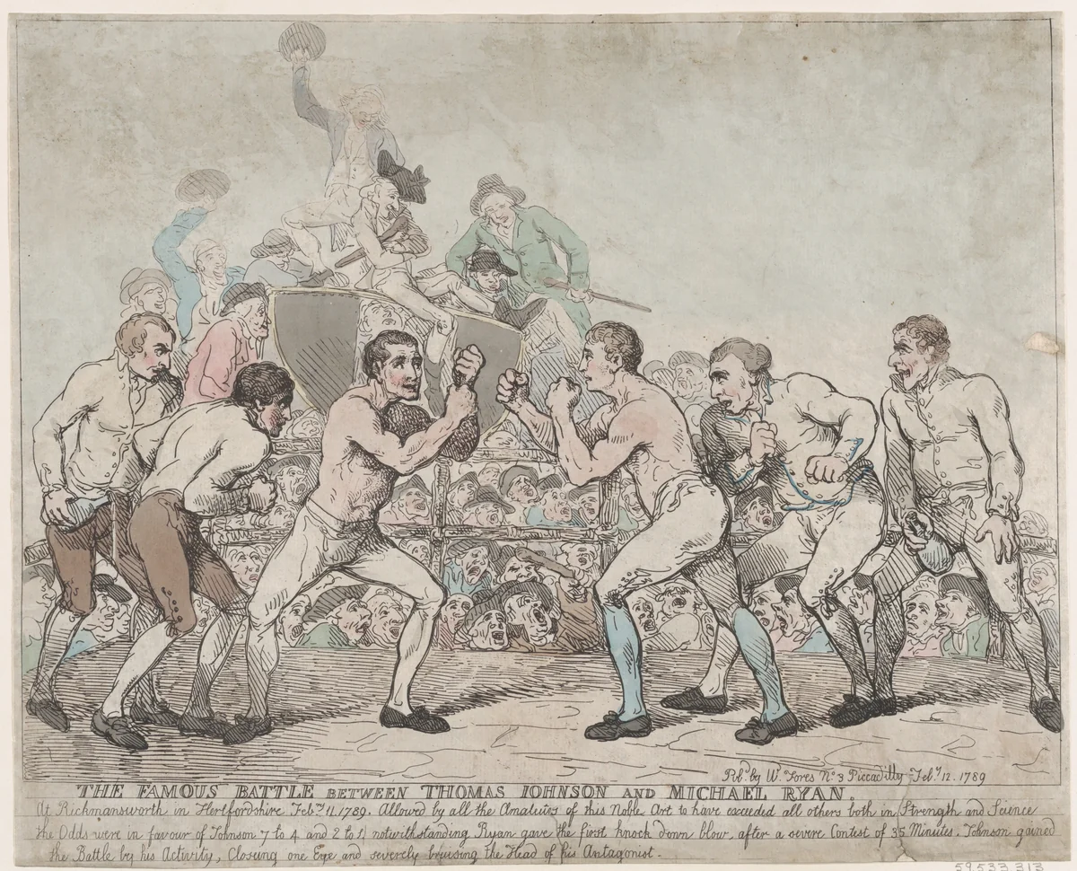 The Famous Battle Between Thomas Johnson and Michael Ryan, February 11, 1789 by Thomas Rowlandson, print, 1789