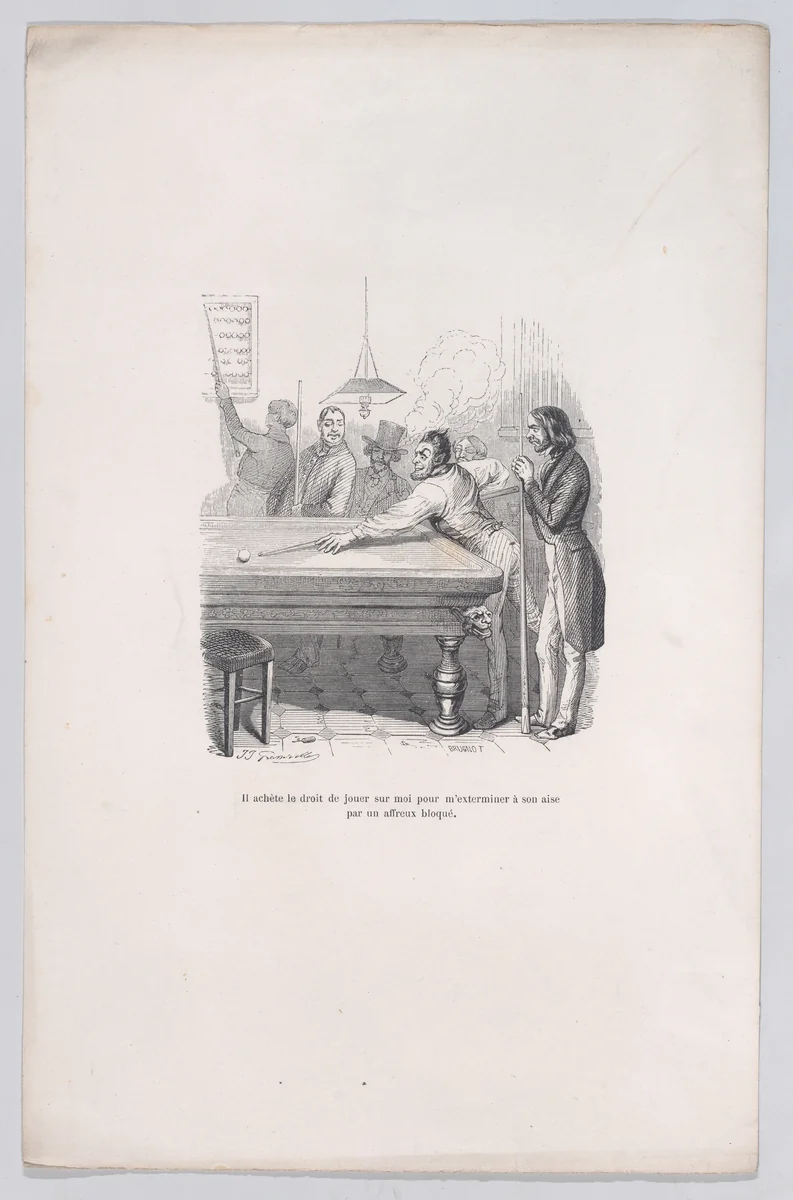 He buys the right to defeat me at his ease with a successful shot, from "Little Miseries of Human Life" by J. J. Grandville, print, 1843