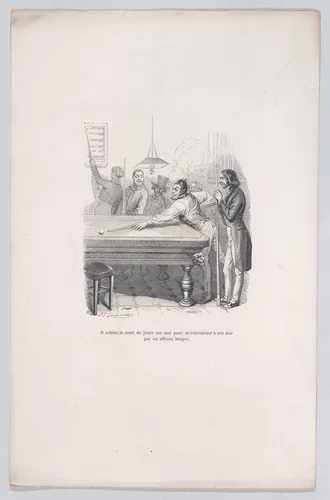 He buys the right to defeat me at his ease with a successful shot, from "Little Miseries of Human Life" by J. J. Grandville, print, 1843