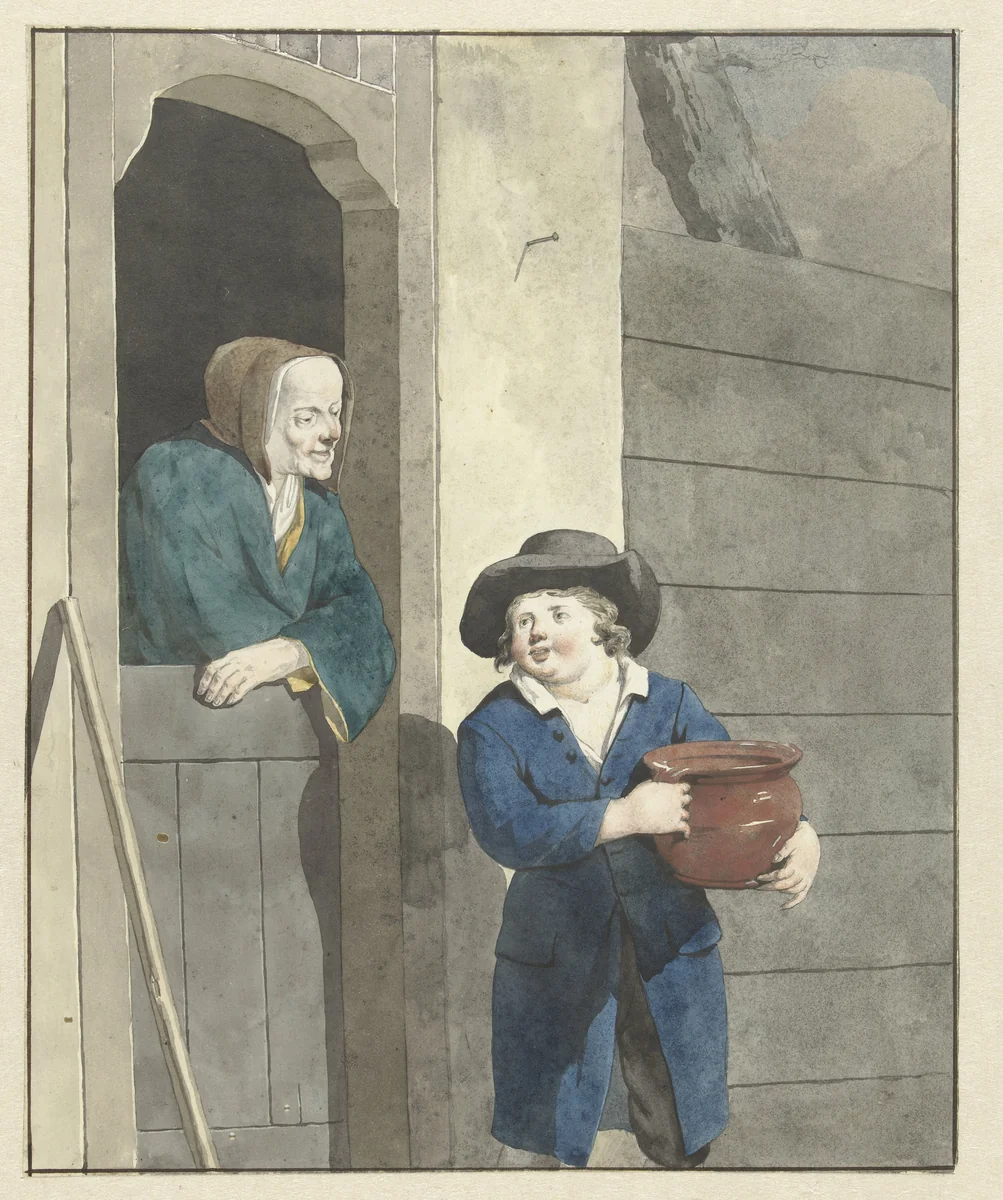 Jongen met een pot bij een vrouw leunend op een onderdeur by W. Barthautz, drawing, 1700-1800