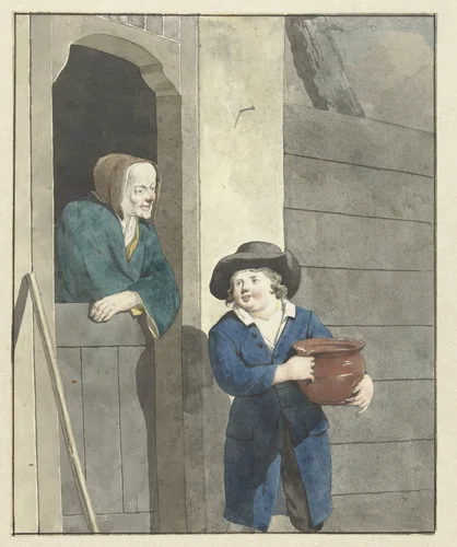 Jongen met een pot bij een vrouw leunend op een onderdeur by W. Barthautz, drawing, 1700-1800
