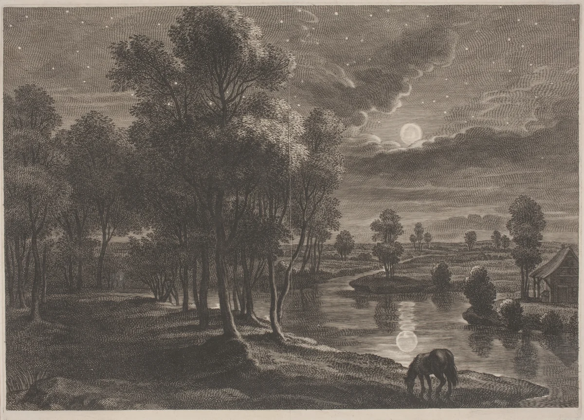 Moonlit River Landscape by Schelte Adams Bolswert, print, 1586-1659