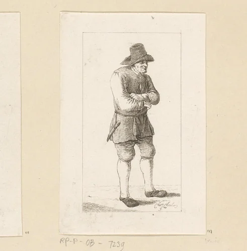 Staande man met armen over elkaar by Pieter de Mare, print, 1779
