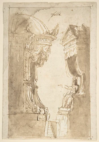 Design for a Stage Set with Two Thrones (recto); Landscape (verso) by anonymous, drawing, 1800-1900