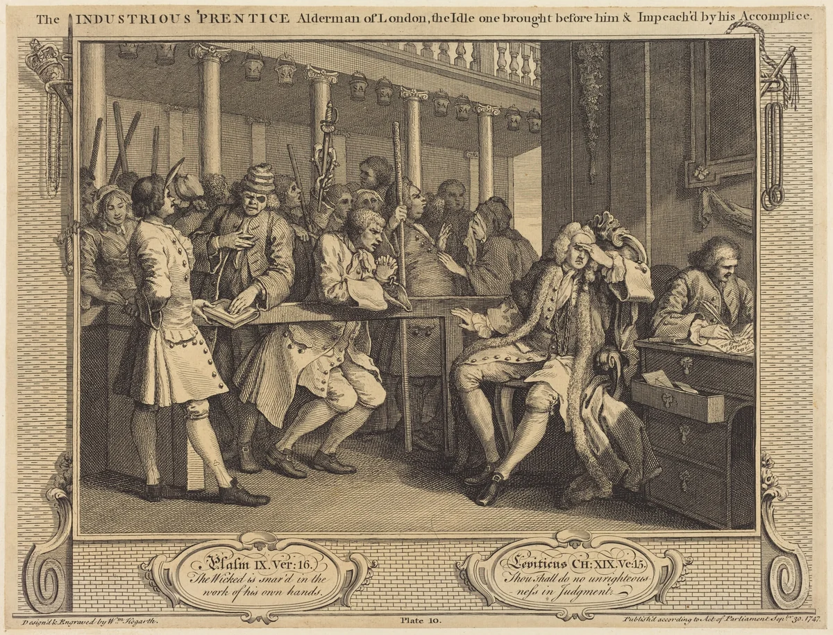 The Industrious 'Prentice Alderman of London,the Idle one brought before him & impea ch'd by his Accomplice by William Hogarth, print, 1747