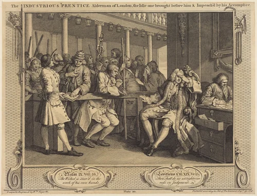 The Industrious 'Prentice Alderman of London,the Idle one brought before him & impea ch'd by his Accomplice by William Hogarth, print, 1747