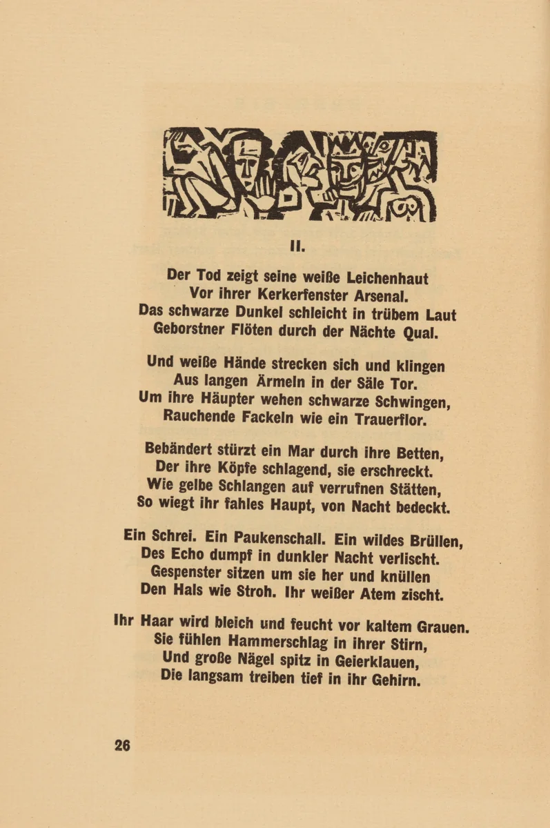 Die Irren II (The Mad II) (headpiece, page 26) from Georg Heym: Umbra Vitae (Georg Heym: The Shadow of Life) by Ernst Ludwig Kirchner, volume, 1924