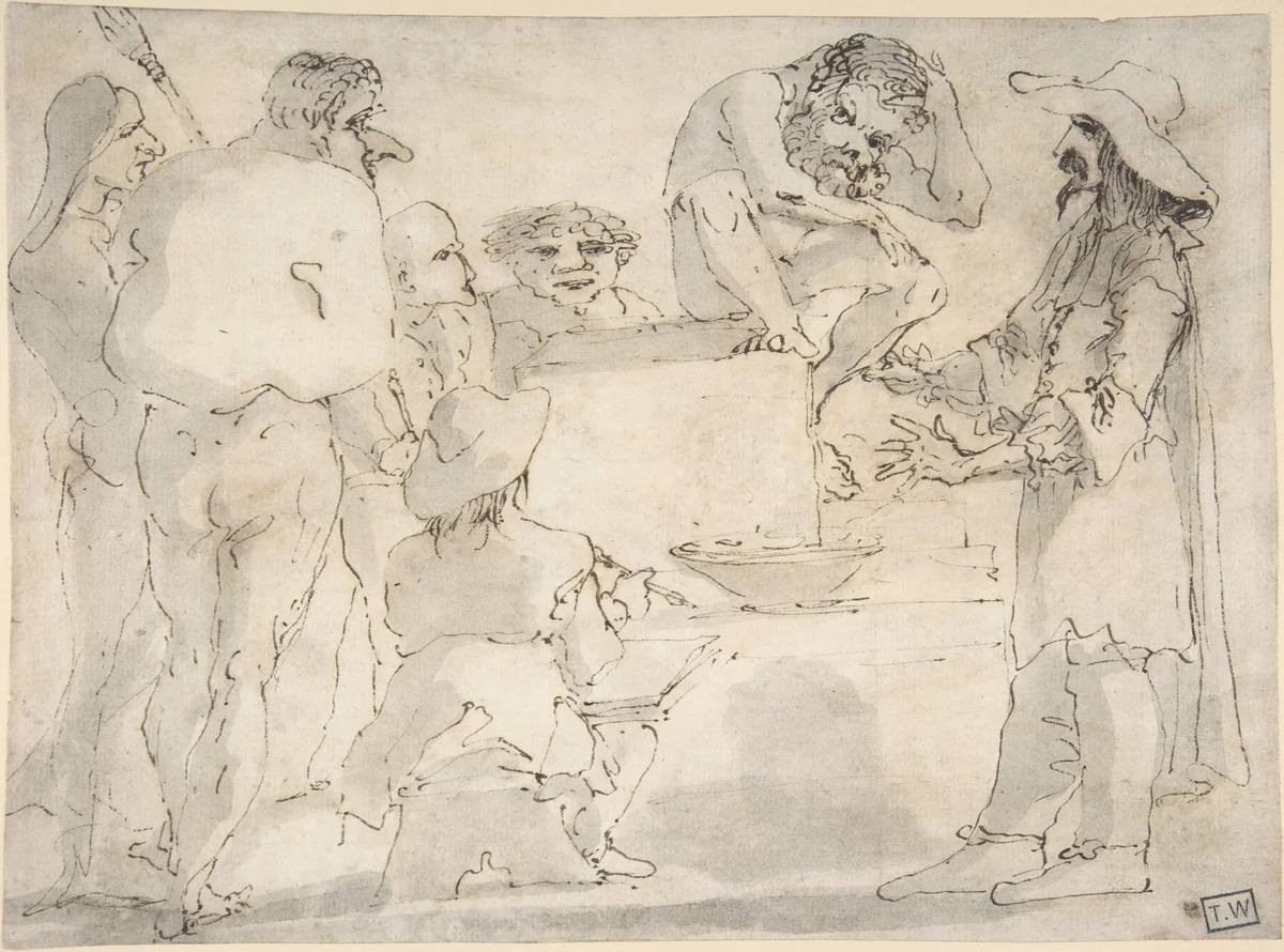 Group of Caricatured Figures with an Artist Drawing by Guercino, drawing, 1612-1666