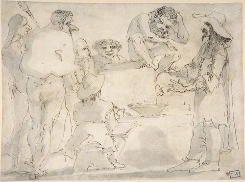 Group of Caricatured Figures with an Artist Drawing by Guercino, drawing, 1612-1666