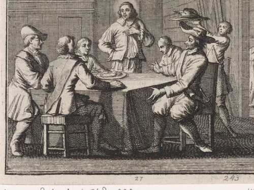 Anthimus, bisschop van Nicomedië, ontvangt vijf krijgslieden by Caspar Luyken, print, 1704