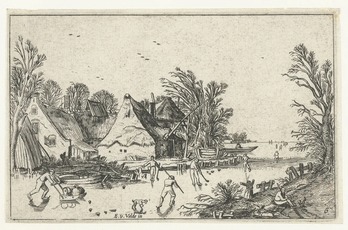 Schaatsers en kolfspelers bij boerderijen by anonymous, print, 1614