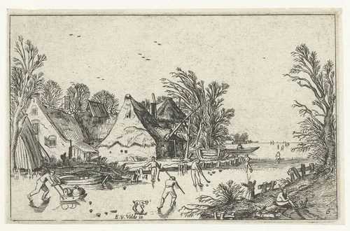 Schaatsers en kolfspelers bij boerderijen by anonymous, print, 1614