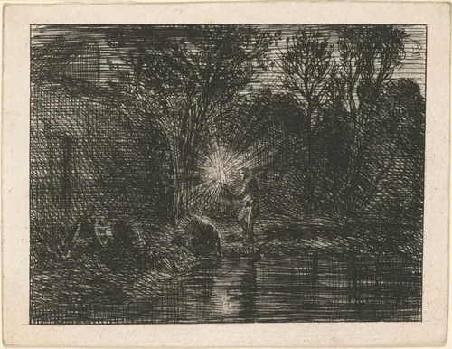 Riverbank at Night by Charles Émile Jacque, print, 1844