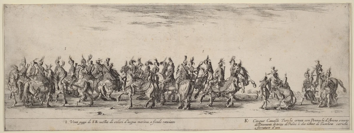 Twenty Pages and Five Turkish Horses by Stefano della Bella, print, 1633
