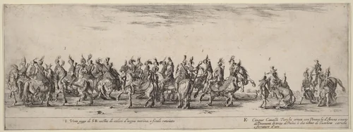 Twenty Pages and Five Turkish Horses by Stefano della Bella, print, 1633