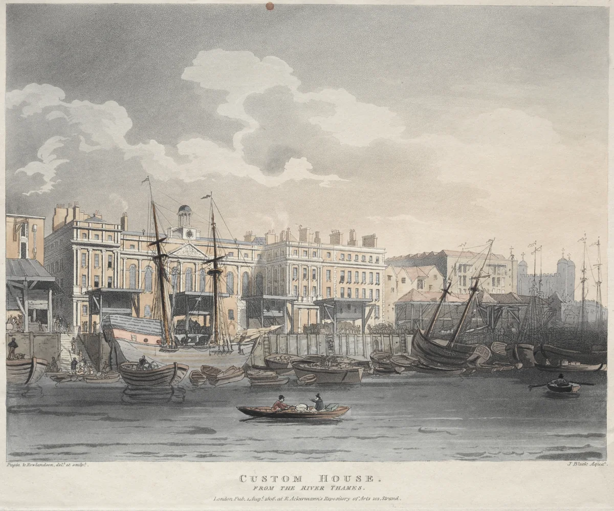 Customs House, from the Thames River by J. Bluck, print, 1808