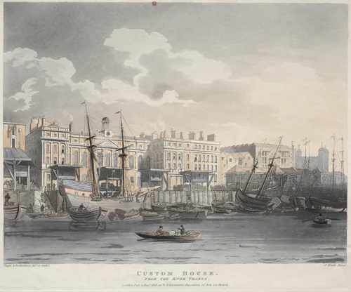 Customs House, from the Thames River by J. Bluck, print, 1808