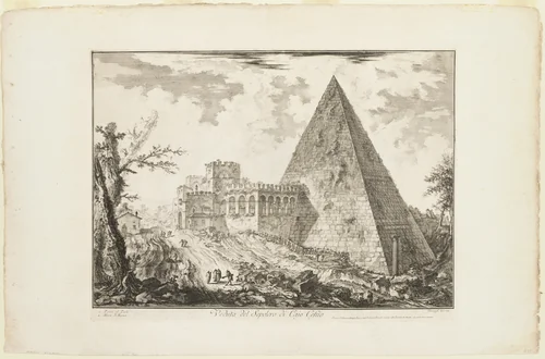 View of the Pyramidal Tomb of Cestius, from Views of Rome by Giovanni Battista Piranesi, print, 1750-1759