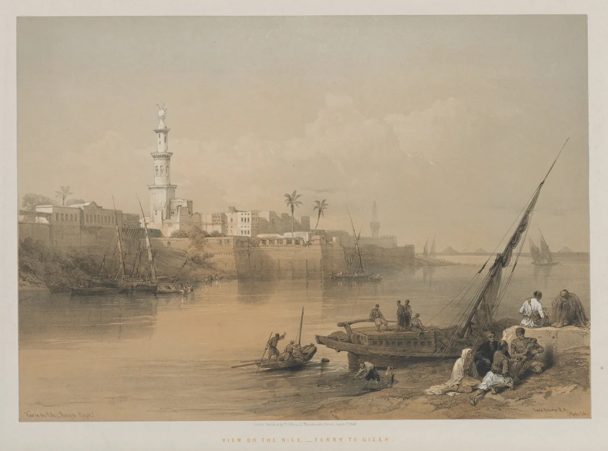 Egypt and Nubia, Volume III: View on the Nile, Ferry to Gizeh by Louis Haghe, print, 1849