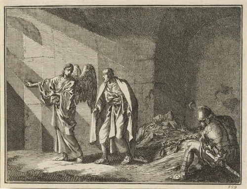 Petrus door de engel uit de gevangenis bevrijd by Jan Luyken, print, 1712
