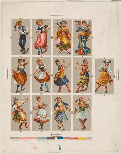 Printing proof of cards, from National Dances (N225, Type 2) issued by Kinney Bros. by Kinney Brothers Tobacco Company, print, 1889