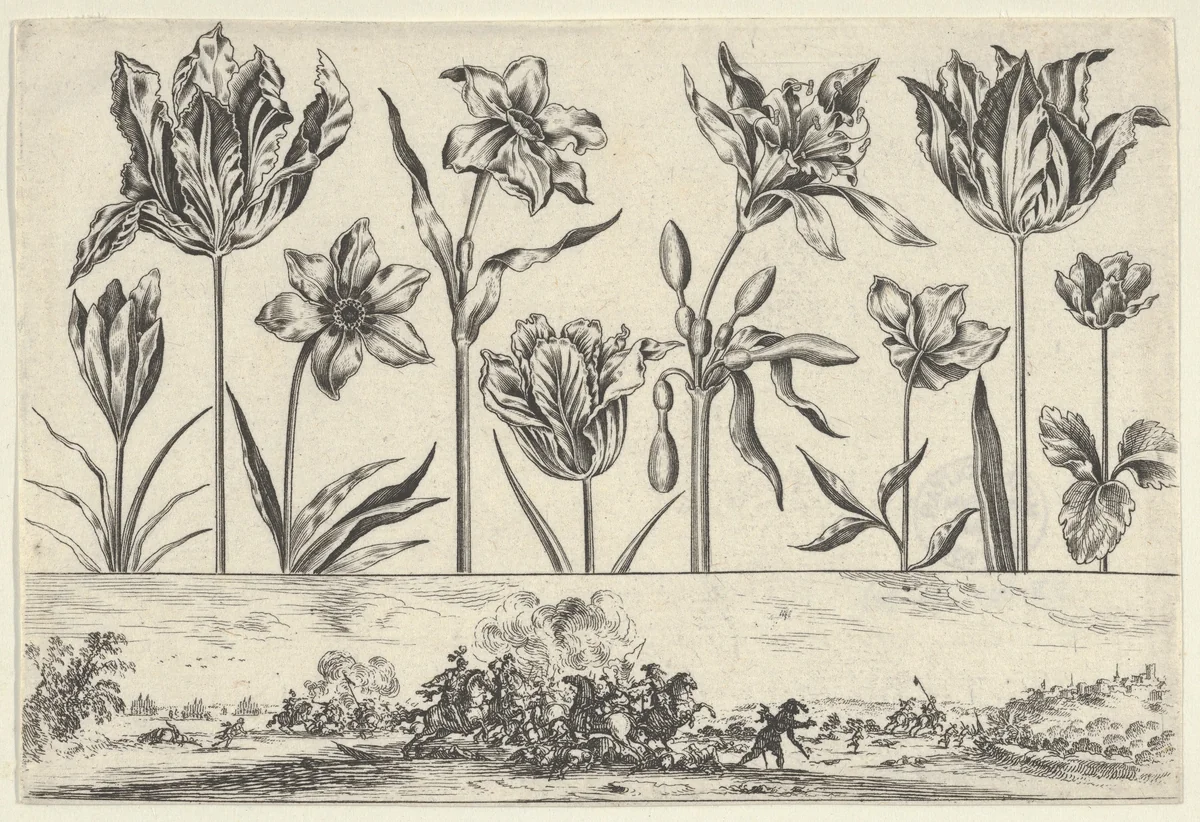 Horizontal Panel with a Row of Flowers Above a Frieze with a Battle Scene in a Landscape, from "Livre Nouveau de Fleurs Tres-Util" by Nicolas Cochin, print, 1645