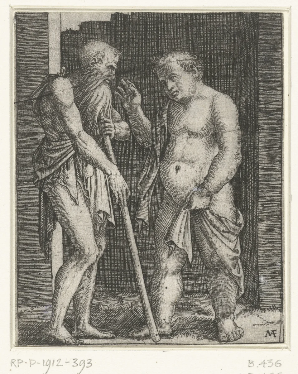 Oude man leunend op stok en gebarende jonge dikke man by Unknown, print, 1510-1527