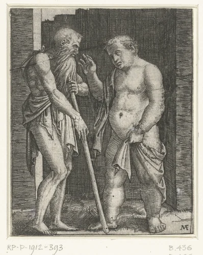 Oude man leunend op stok en gebarende jonge dikke man by Unknown, print, 1510-1527