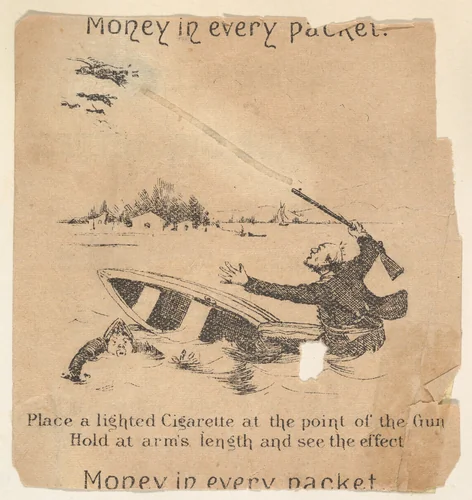 Man with rifle in row boat, from the Comic Powder Novelties series (N200) issued by Wm. S. Kimball & Co. by William S. Kimball & Company, print, 1887-1892