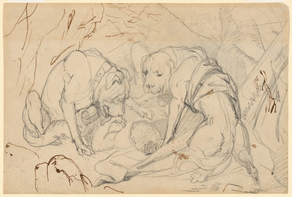 Study for "Alpine Mastiffs Reanimating a Distressed Traveler" (recto); Study for "Alpine Mastiffs Reanimating a Distressed Traveler" (verso) by Sir Edwin Landseer, drawing, 1820