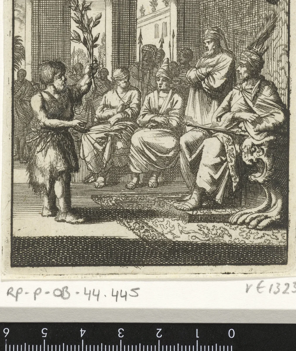 Boer spreekt met een olijftak in de hand tot de vorst en zijn raadslieden by Jan Luyken, print, 1693