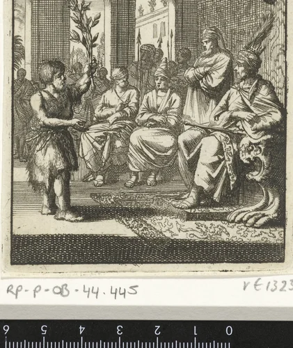 Boer spreekt met een olijftak in de hand tot de vorst en zijn raadslieden by Jan Luyken, print, 1693