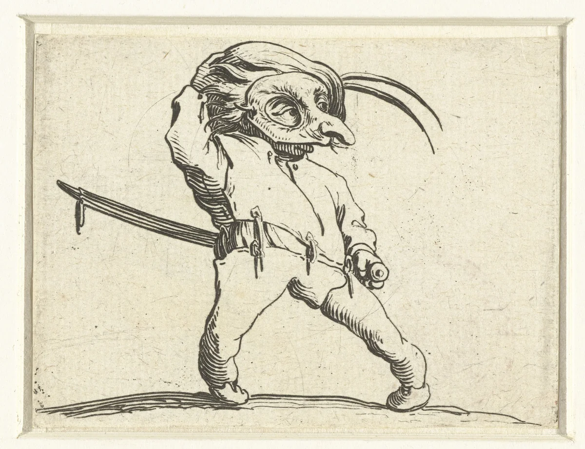 Kleine mens (karikatuur) met zwaard en masker by Jacques Callot, print, 1621-1625