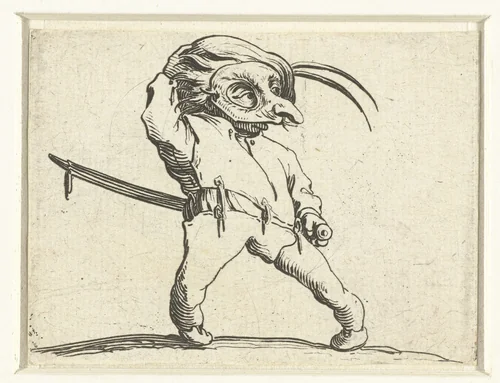 Kleine mens (karikatuur) met zwaard en masker by Jacques Callot, print, 1621-1625