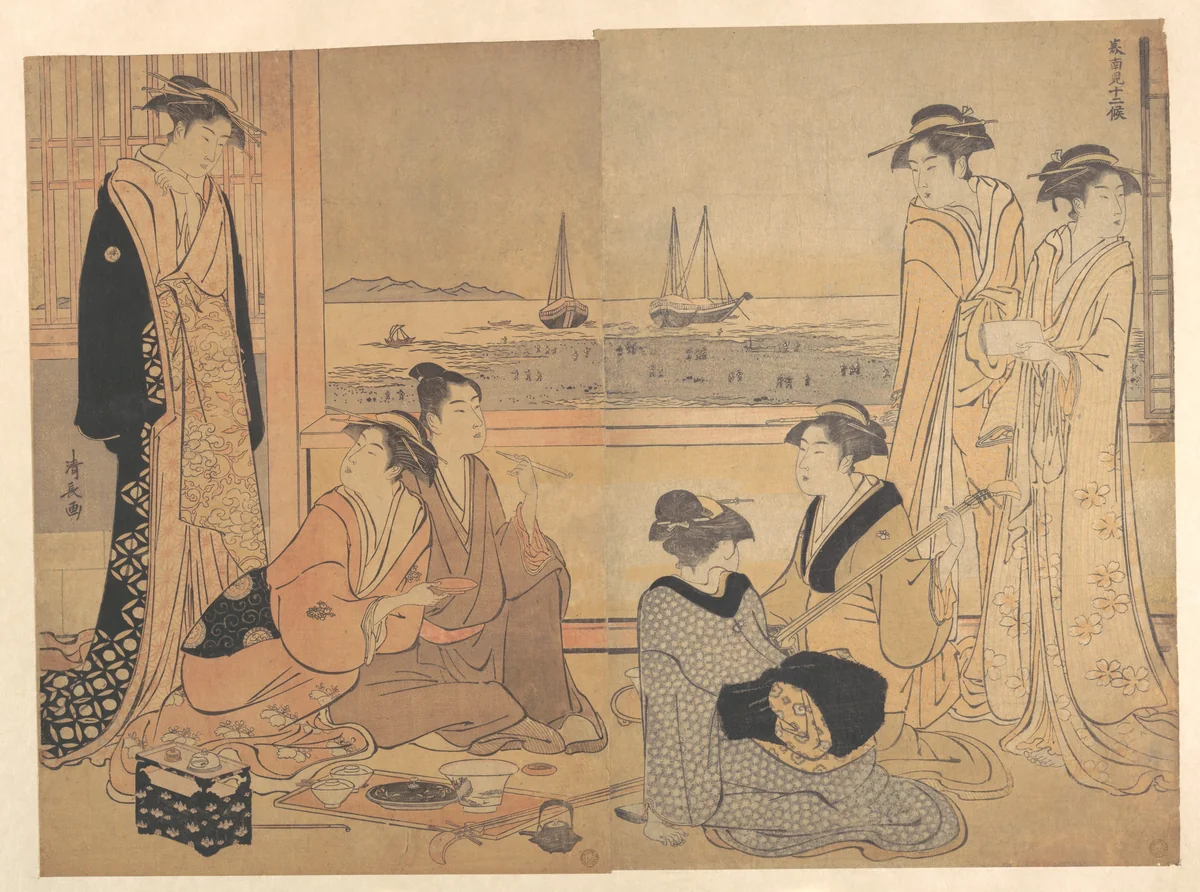 A Party of Merrymakers in a Tea-house at Shinagawa by Torii Kiyonaga (鳥居清長), print, 1773-1793