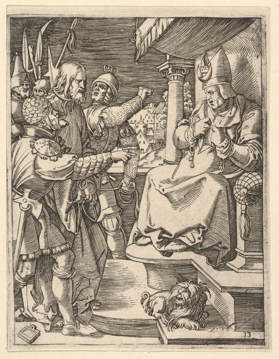 Christ before Caiaphas: soldiers present Christ to seated hight priest who tears his garments, from "The Passion of Christ", after Dürer by Marcantonio Raimondi, print, 1495-1539