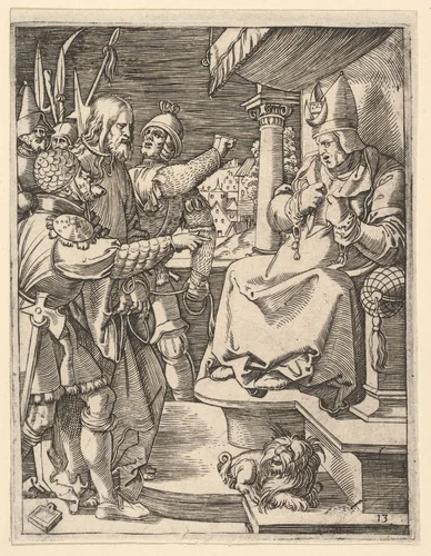 Christ before Caiaphas: soldiers present Christ to seated hight priest who tears his garments, from "The Passion of Christ", after Dürer by Marcantonio Raimondi, print, 1495-1539