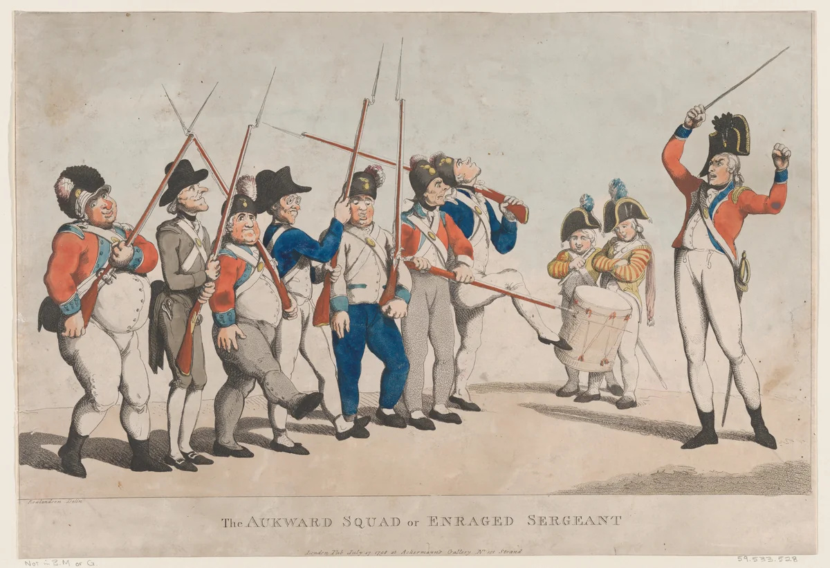 The Awkward Squad or Enraged Sergeant by Thomas Rowlandson, print, 1798