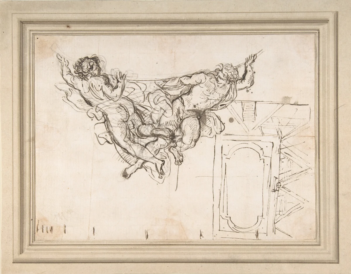 Study for Nude Male Figures Supporting a Frame and Plan of the Ceiling Decoration of Palazzo Altieri, Rome by Carlo Maratti, drawing, 1625-1713