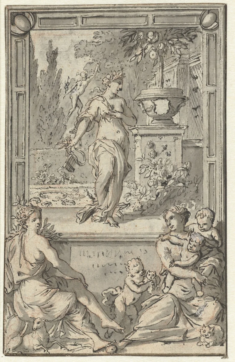Charitas en Fides (?) voor een omlijsting by Jan Goeree, drawing, 1680-1731