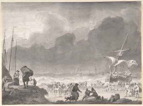 A Ship Wrecked on a Shore on a Stormy Night, with Survivors Salvaging Their Goods by Ludolf Backhuysen, drawing, 1690-1708