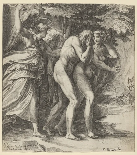 The Expulsion from Paradise with an Angel wielding a sword behind Adam and Eve by Cherubino Alberti, print, 1570-1615