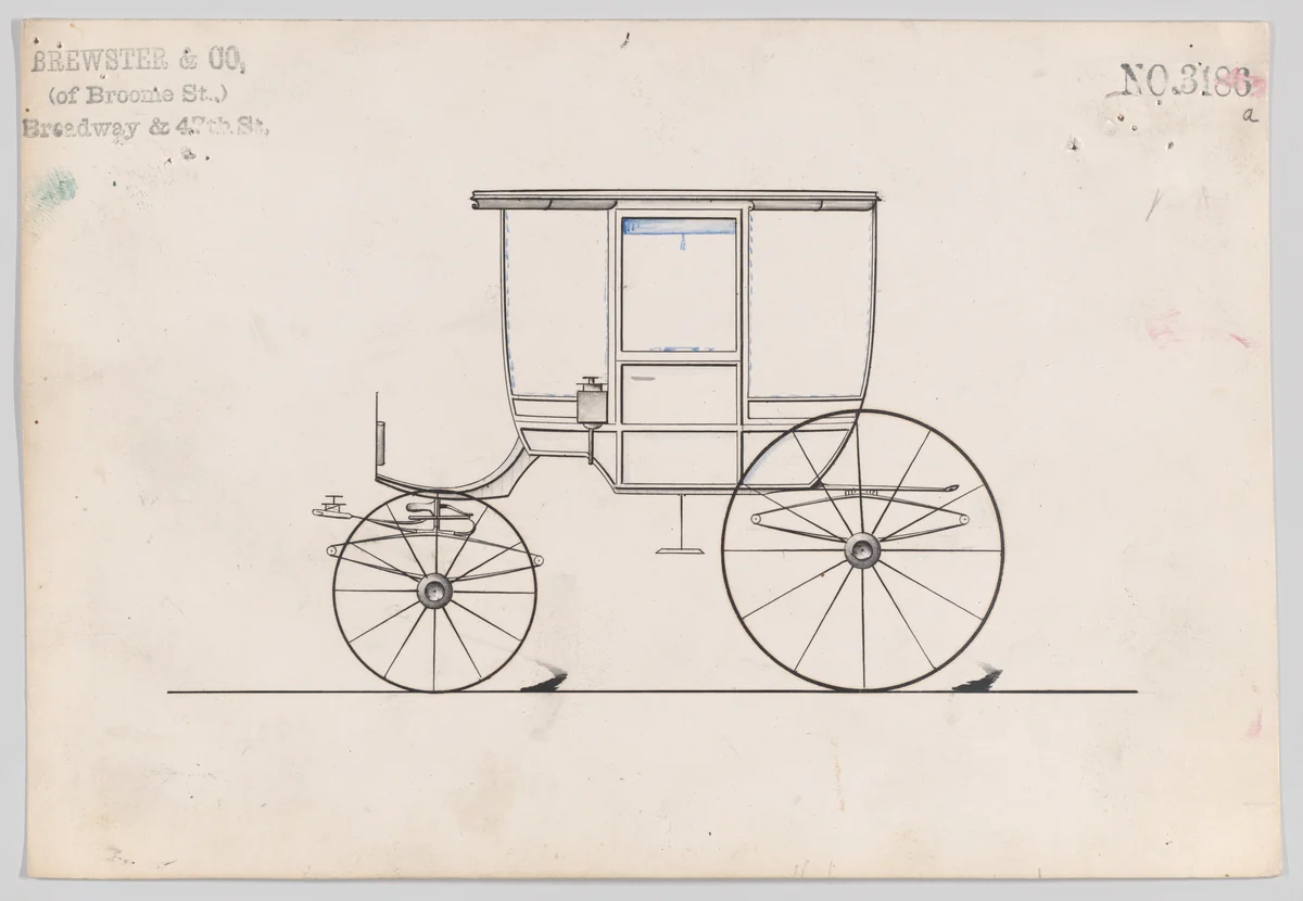 Design for 6 seat Rockaway, no. 3186a by Brewster & Co., drawing, 1876