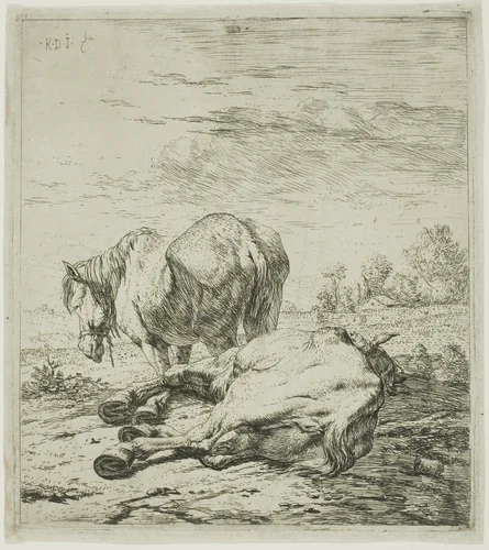 Two Horses by Karel Dujardin, print, 1652-1660