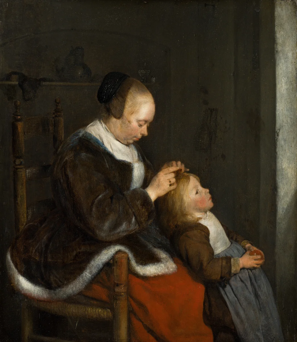 Mother Combing Her Child's Hair, known as 'Hunting for Lice' by Gerard ter Borch, painting, 1652
