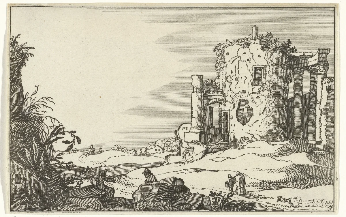Ruïne van een door zuilen omgeven tempel by anonymous, print, 1618