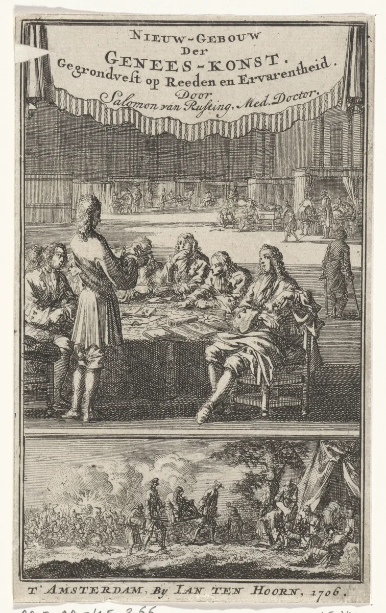 Titelpagina voor: Salomon van Rusting  'Nieuw-Gebouw der Genees-konst', 1706 by Jan Luyken, print, 1706