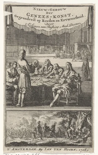 Titelpagina voor: Salomon van Rusting  'Nieuw-Gebouw der Genees-konst', 1706 by Jan Luyken, print, 1706