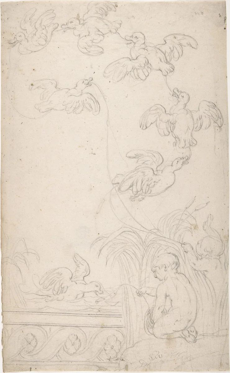 Ornament with Children Catching Ducks on Baited Strings by anonymous, drawing, 1775-1825