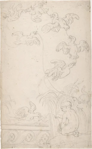 Ornament with Children Catching Ducks on Baited Strings by anonymous, drawing, 1775-1825